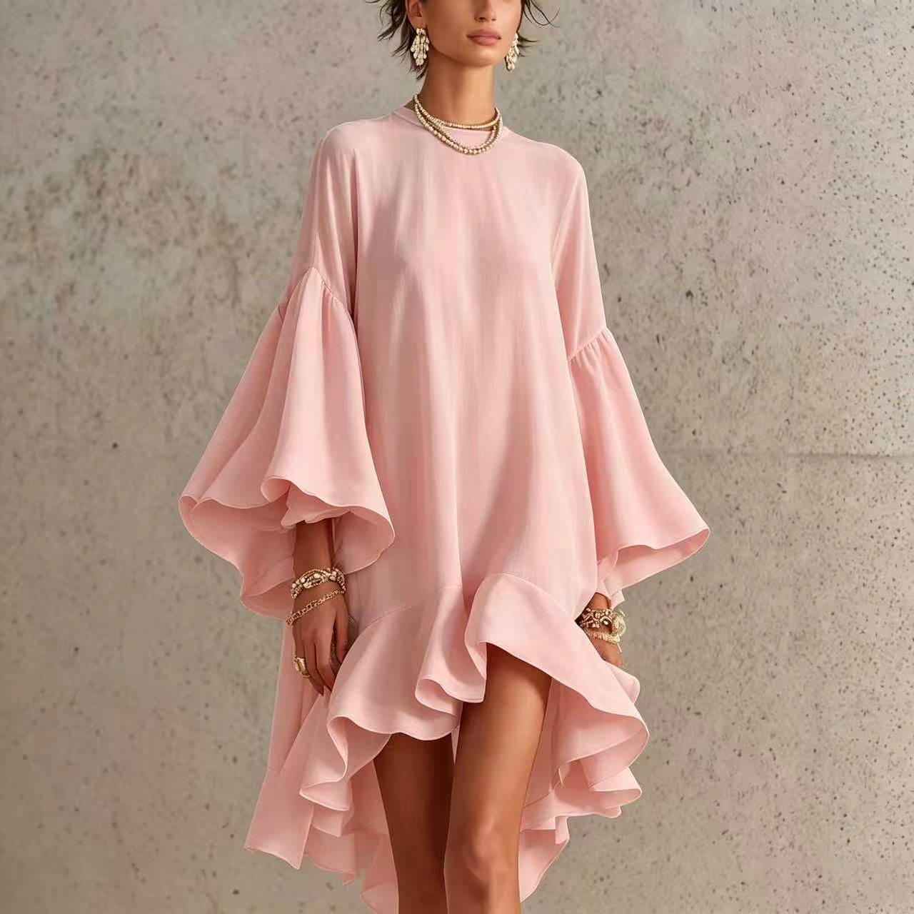 Satin Round Neck Oversized Bell Sleeve High Low Ruffle Mini Tunic Dress