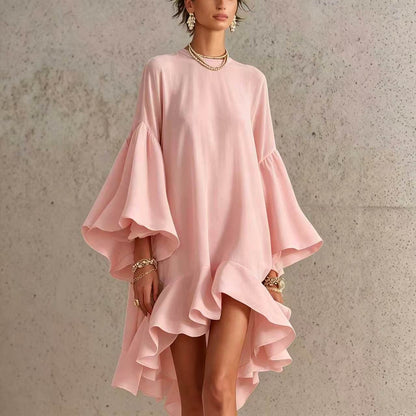 Satin Round Neck Oversized Bell Sleeve High Low Ruffle Mini Tunic Dress