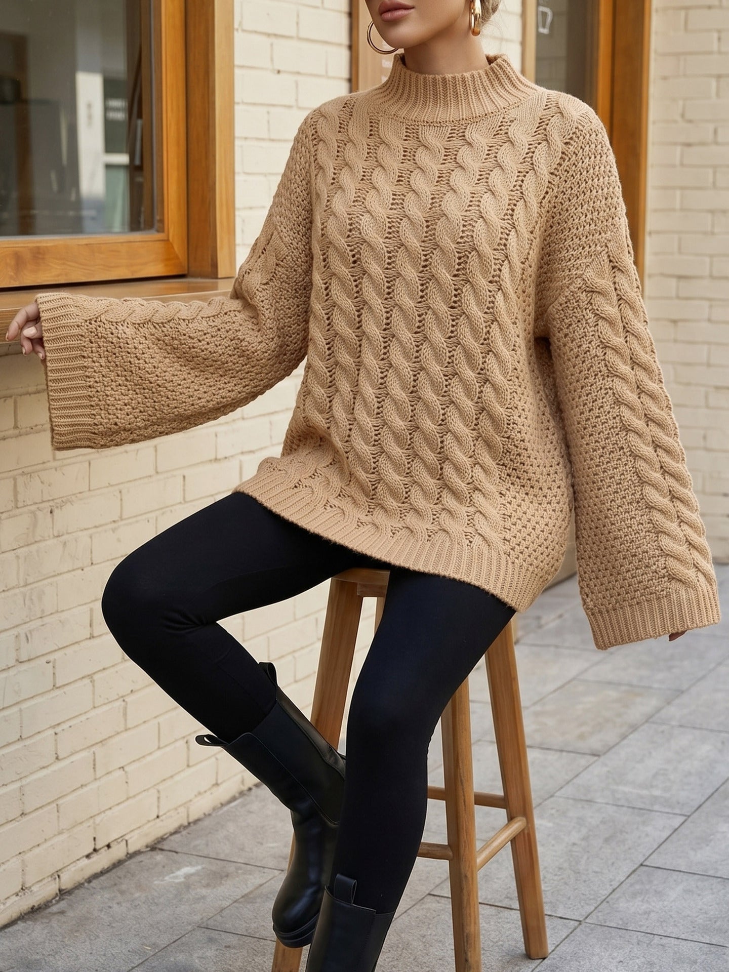 Women Cable Knit Turtleneck Sweater Oversized Loose Pullover Fall Winter Top