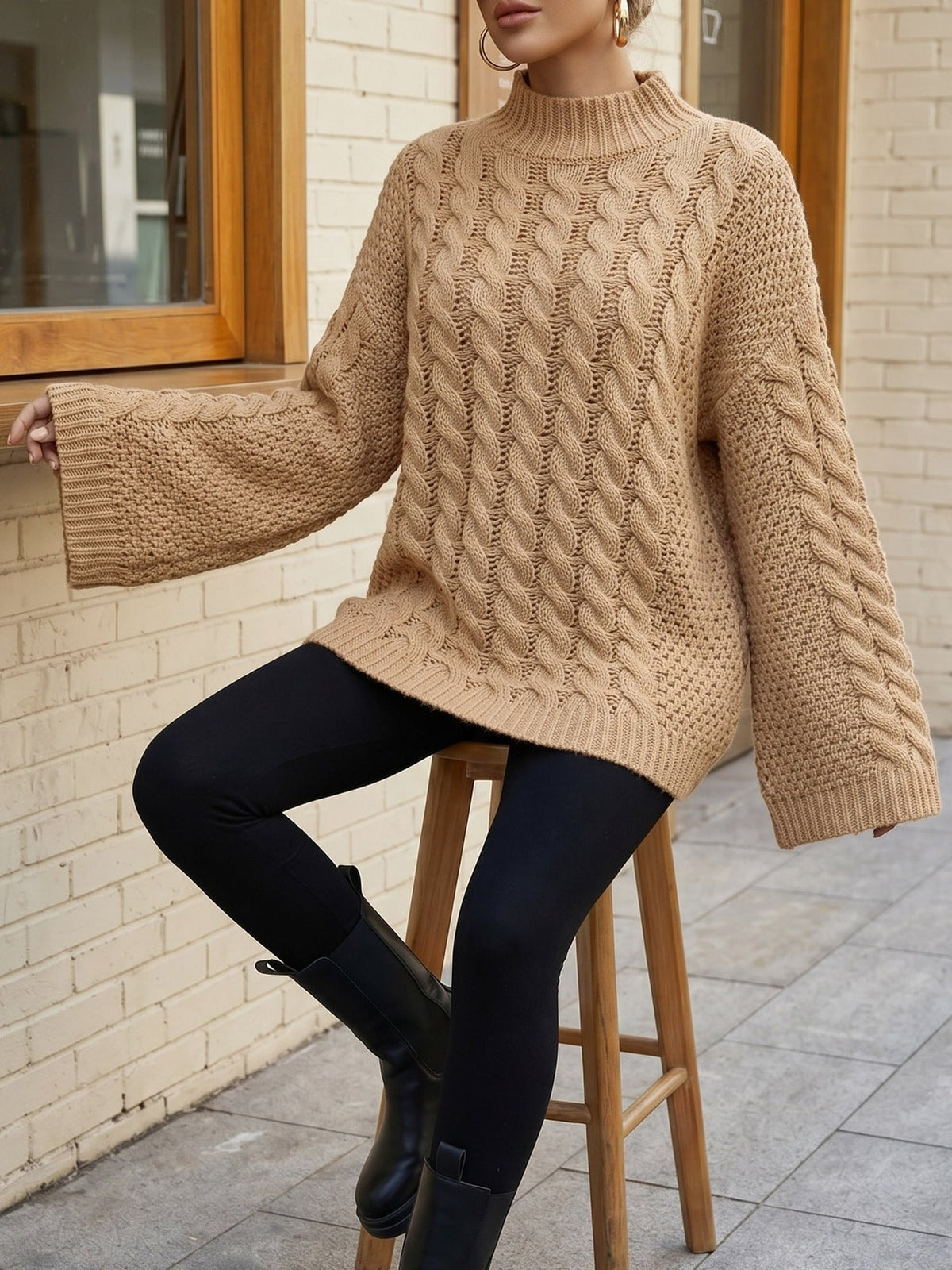 Oversized Cable Knit Mock Neck Sweater | Bell Long Sleeve Cozy Pullover