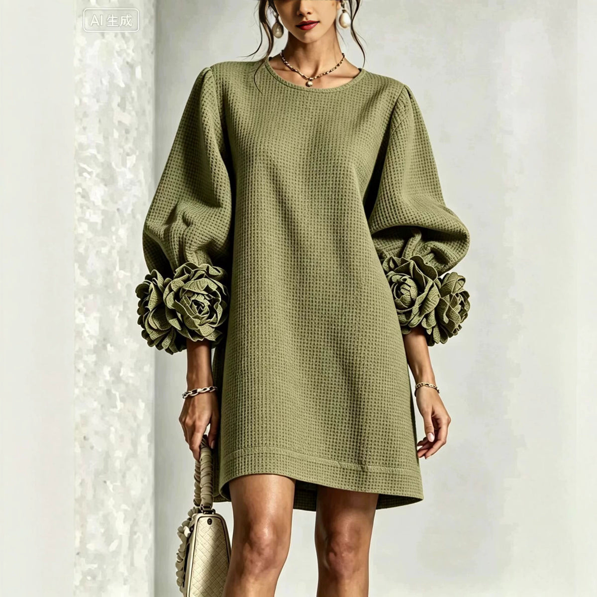 French-Style Floral Dress With Lantern Sleeves