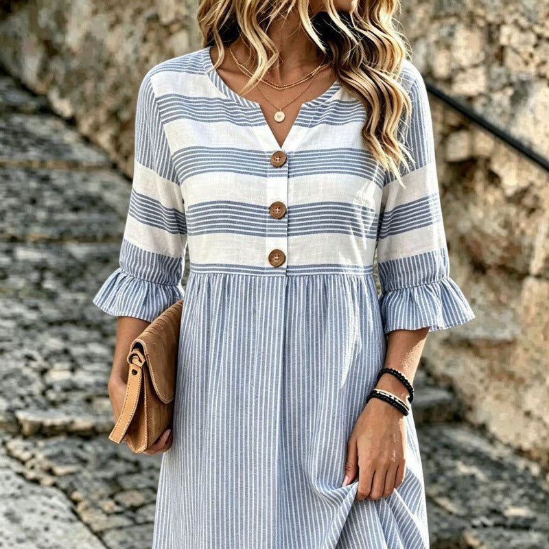 Stripe Mixed Print Linen‑Blend Midi Dress