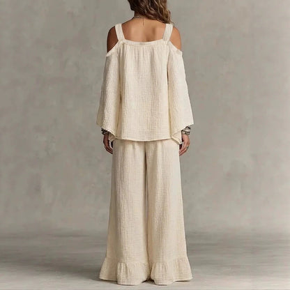 Women Solid Textured Cold Shoulder Batwing Top Elastic Waist Ruffle Wide Leg Pants Matching Set