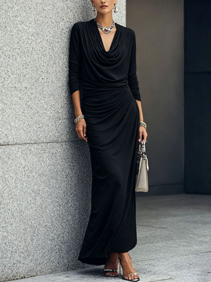 Cowl Neck Ruched Long Sleeve Maxi Dress