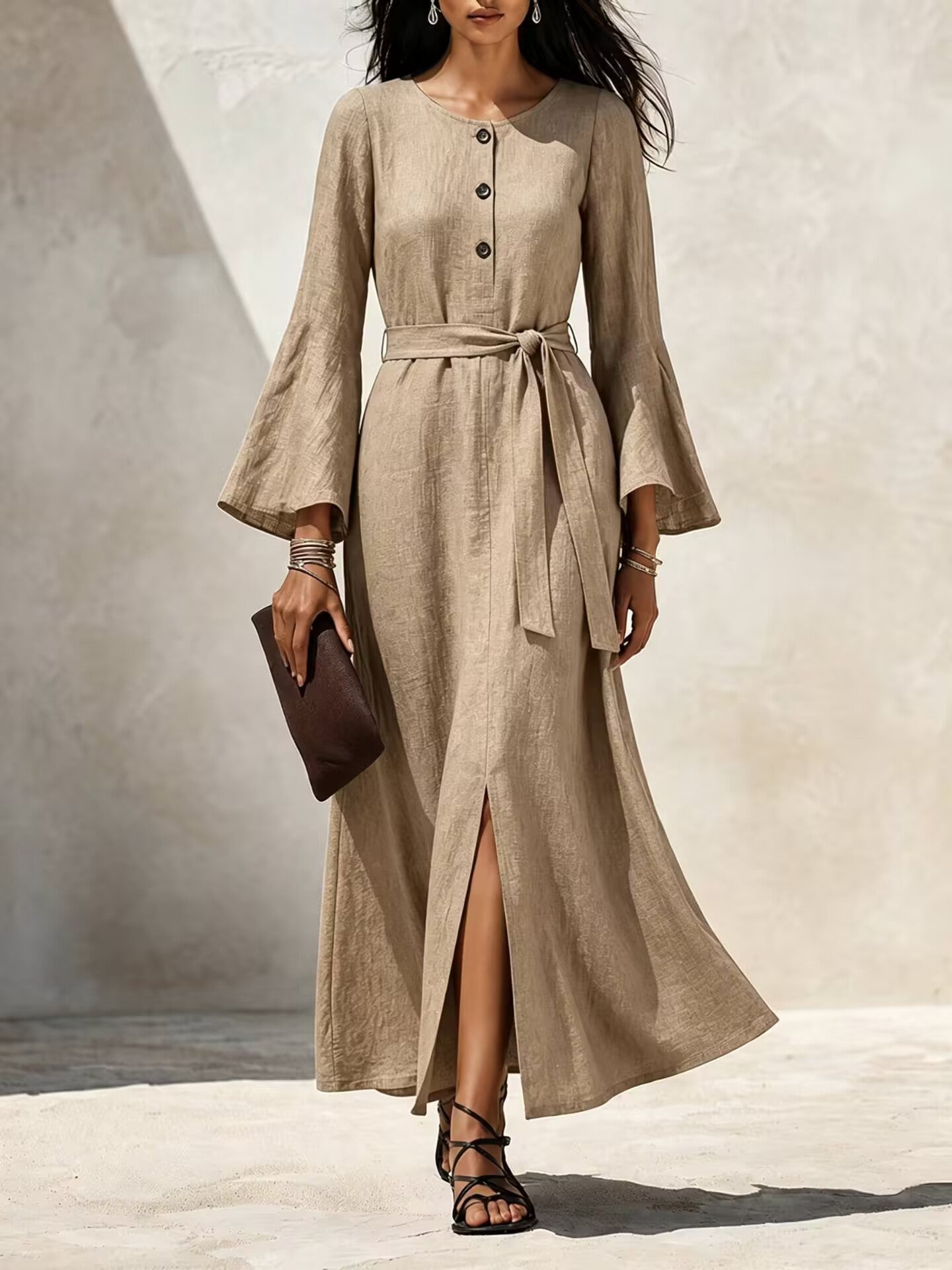 Linen‑Blend Flare‑Sleeve Maxi Dress
