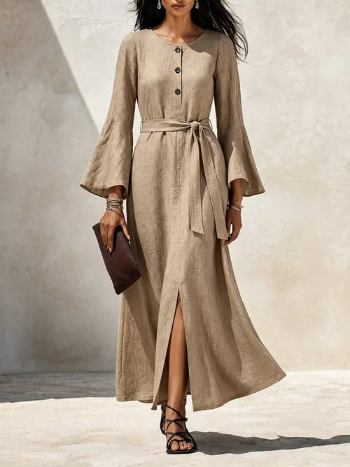 Linen‑Blend Flare‑Sleeve Maxi Dress