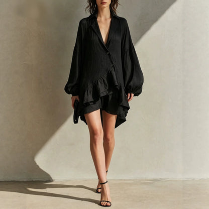 Crinkled Blazer Collar Balloon Sleeve Asymmetrical Ruffle Mini Romper