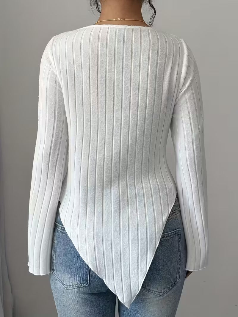 Women's White Ribbed V Neck Flare Long Sleeve Asymmetric Hem Slim Knit Top