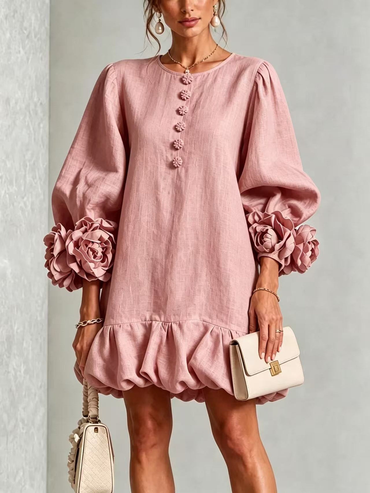 Floral Cotton-Linen Ruffled Dress