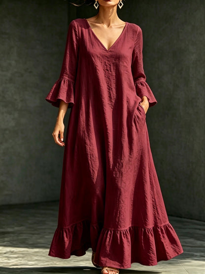 V‑Neck Ruffle Flare Sleeve Linen‑Blend Maxi Dress