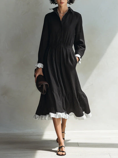 Button-Down Shirt Dress with White Ruffle Trim