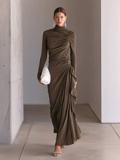Turtleneck Ruched Side‑Ruffle Long‑Sleeve Maxi Dress