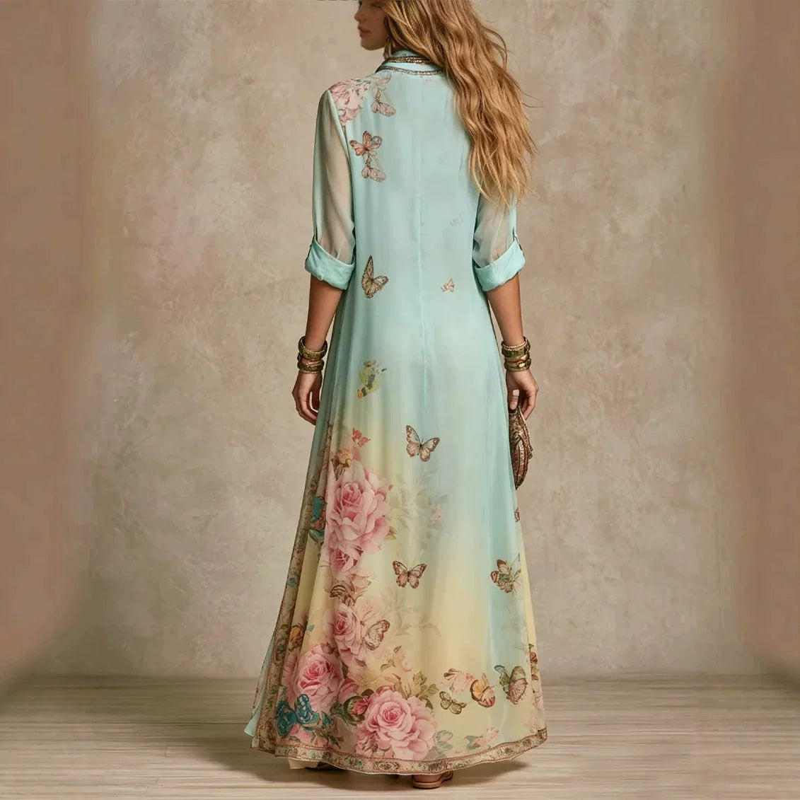 Baroque Style Floral Blue Chiffon Maxi Dress