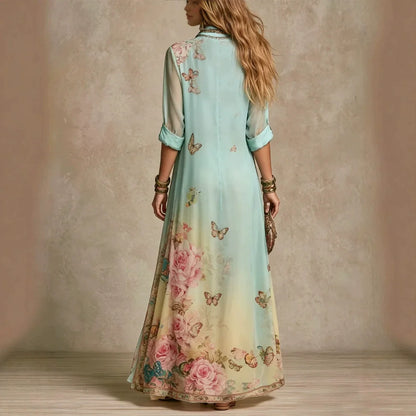 Baroque Style Floral Blue Chiffon Maxi Dress