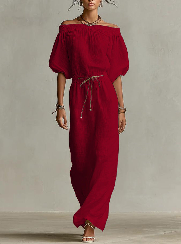 Off‑The‑Shoulder Linen‑Blend Maxi Dress