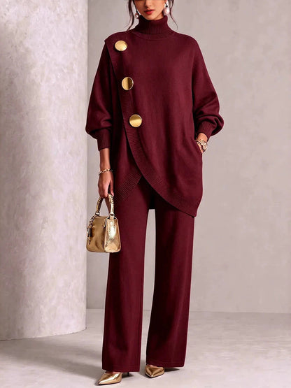 Turtleneck Gold‑Button Asymmetric Knit Tunic & Wide‑Leg Pants Two‑Piece Set