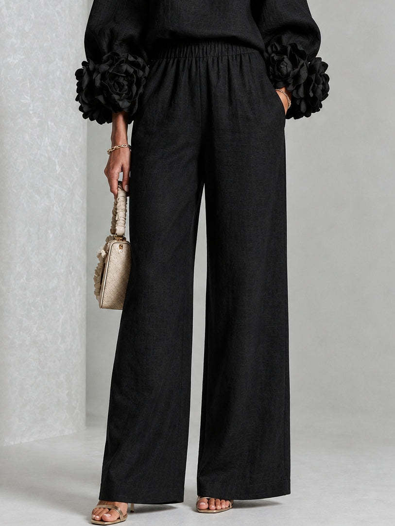 Pink Top Featuring Striking Floral Cuffs Paired With Wide-leg Pants Suit - Matching Sets