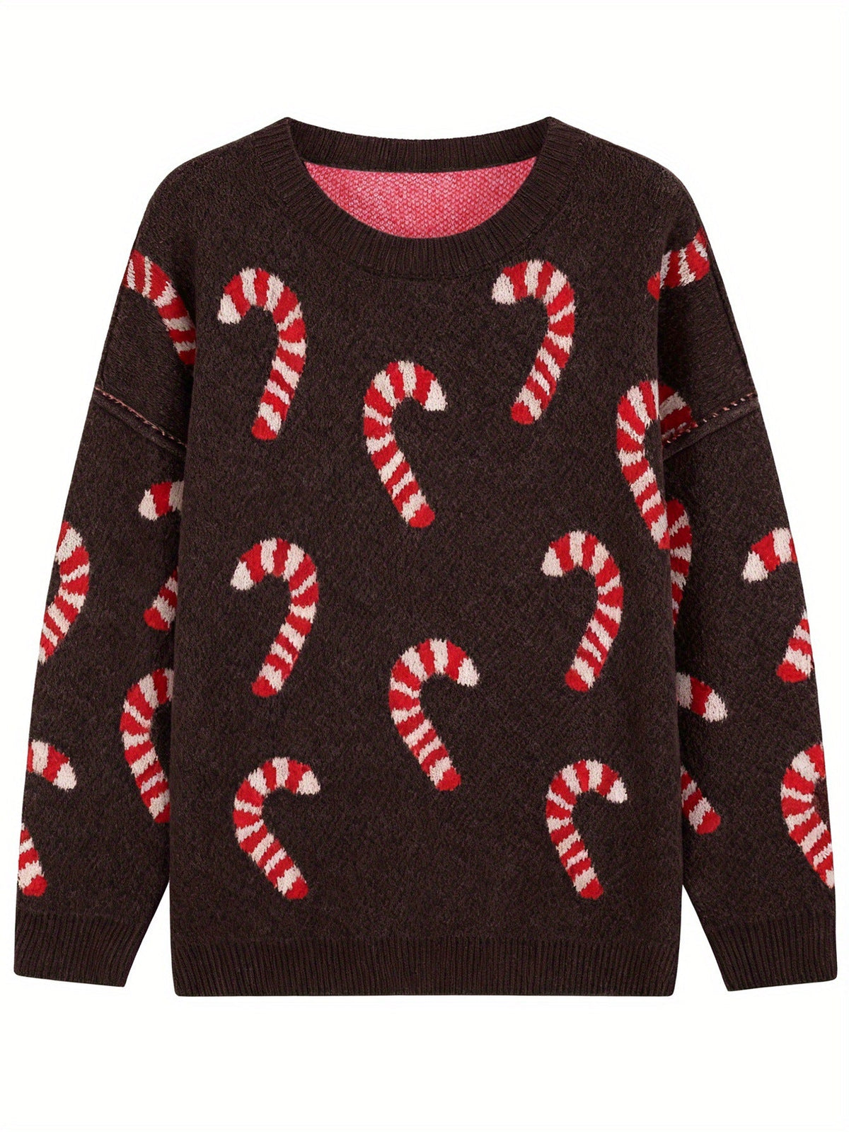 Women's Plus Size Crew Neck Candy Cane Print Long Sleeve Christmas Knit Sweater