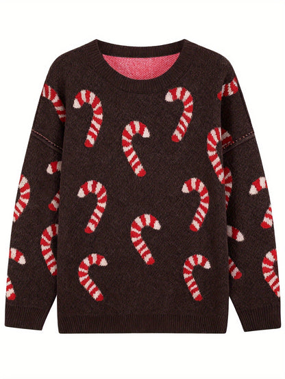 Women's Plus Size Crew Neck Candy Cane Print Long Sleeve Christmas Knit Sweater