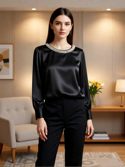 womens luxe satin pearl collar blouse fitting long