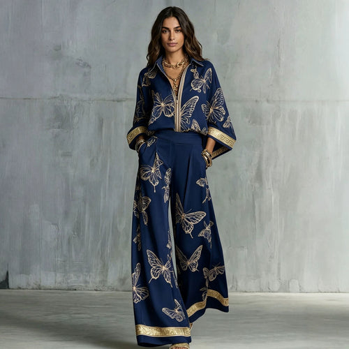 Butterfly Print Zip‑Front Blouse & Wide‑Leg Pant Two‑Piece Set