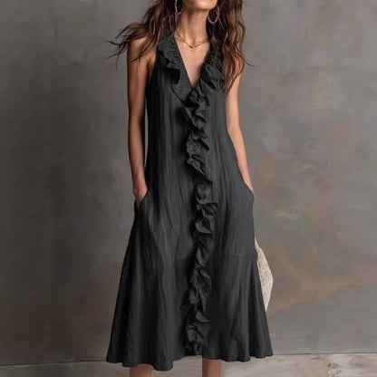🌿 Ruffle V-Neck Sleeveless Midi Dress