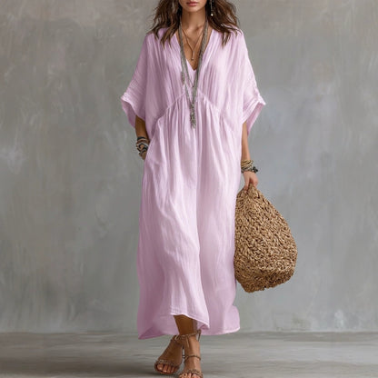 Crinkled V Neck Dolman Sleeve Gathered Waist Kaftan Maxi Dress