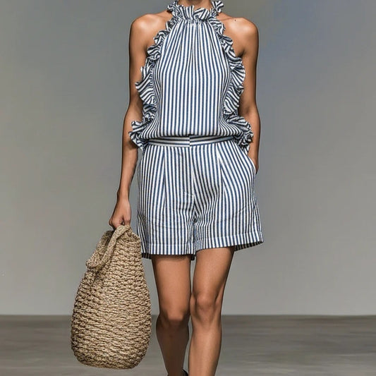Blue White Vertical Stripe Ruffle Halter Top & High Waist Pocket Shorts 2 Piece Co-Ord Set
