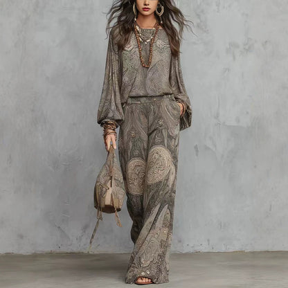 Vintage Paisley Print Long Sleeve Blouse & High Waist Wide Leg Pants 2 Piece Boho Co-Ord Set