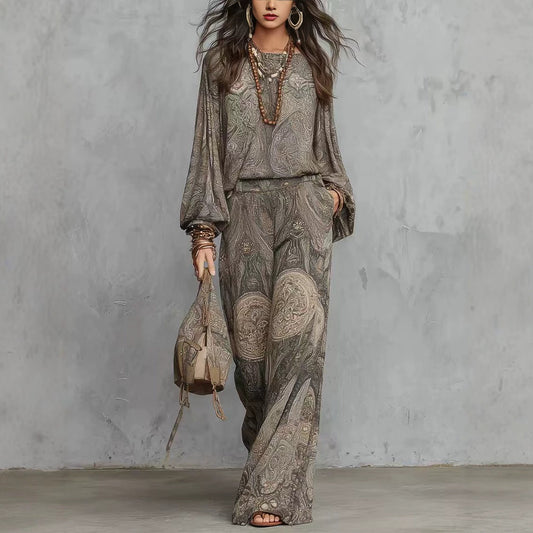 Vintage Paisley Print Long Sleeve Blouse & High Waist Wide Leg Pants 2 Piece Boho Co-Ord Set