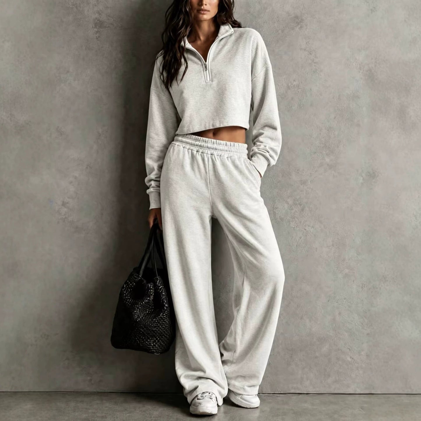 Half‑Zip Cropped Sweatshirt & Wide‑Leg Sweatpants Two‑Piece Set