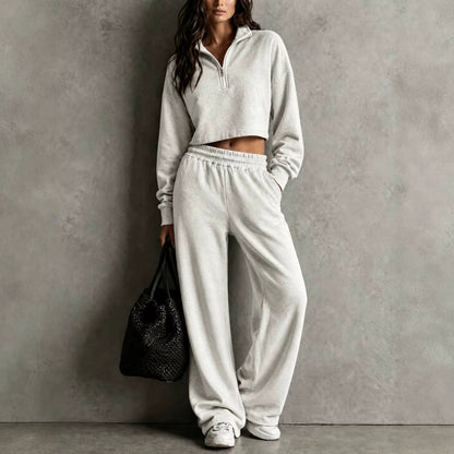 Half‑Zip Cropped Sweatshirt & Wide‑Leg Sweatpants Two‑Piece Set