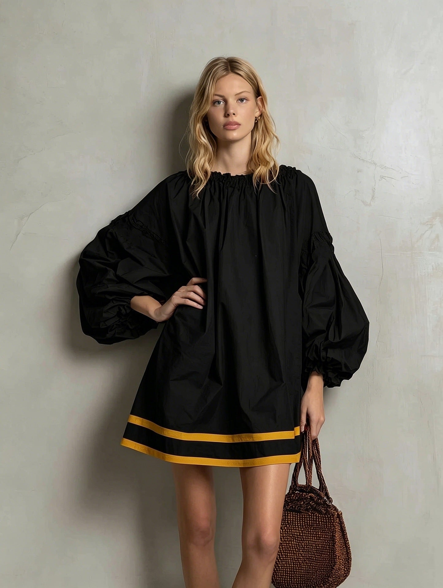 Ruffled Neck Balloon Sleeve Contrast Trim Poplin Mini Dress