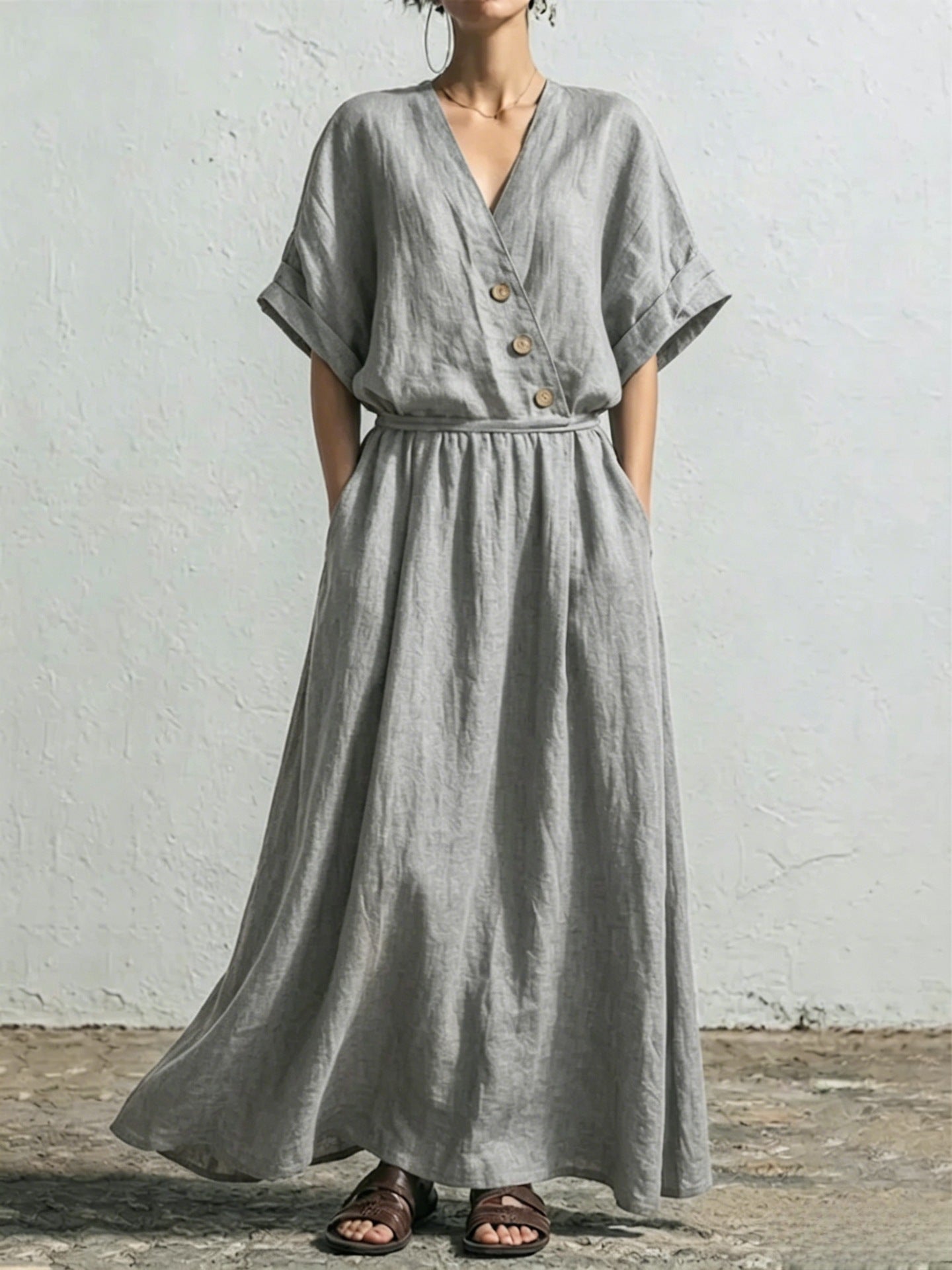 Belted Wrap Linen Blend Pocket Maxi Dress