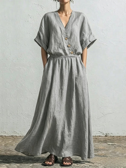 Belted Wrap Linen Blend Pocket Maxi Dress