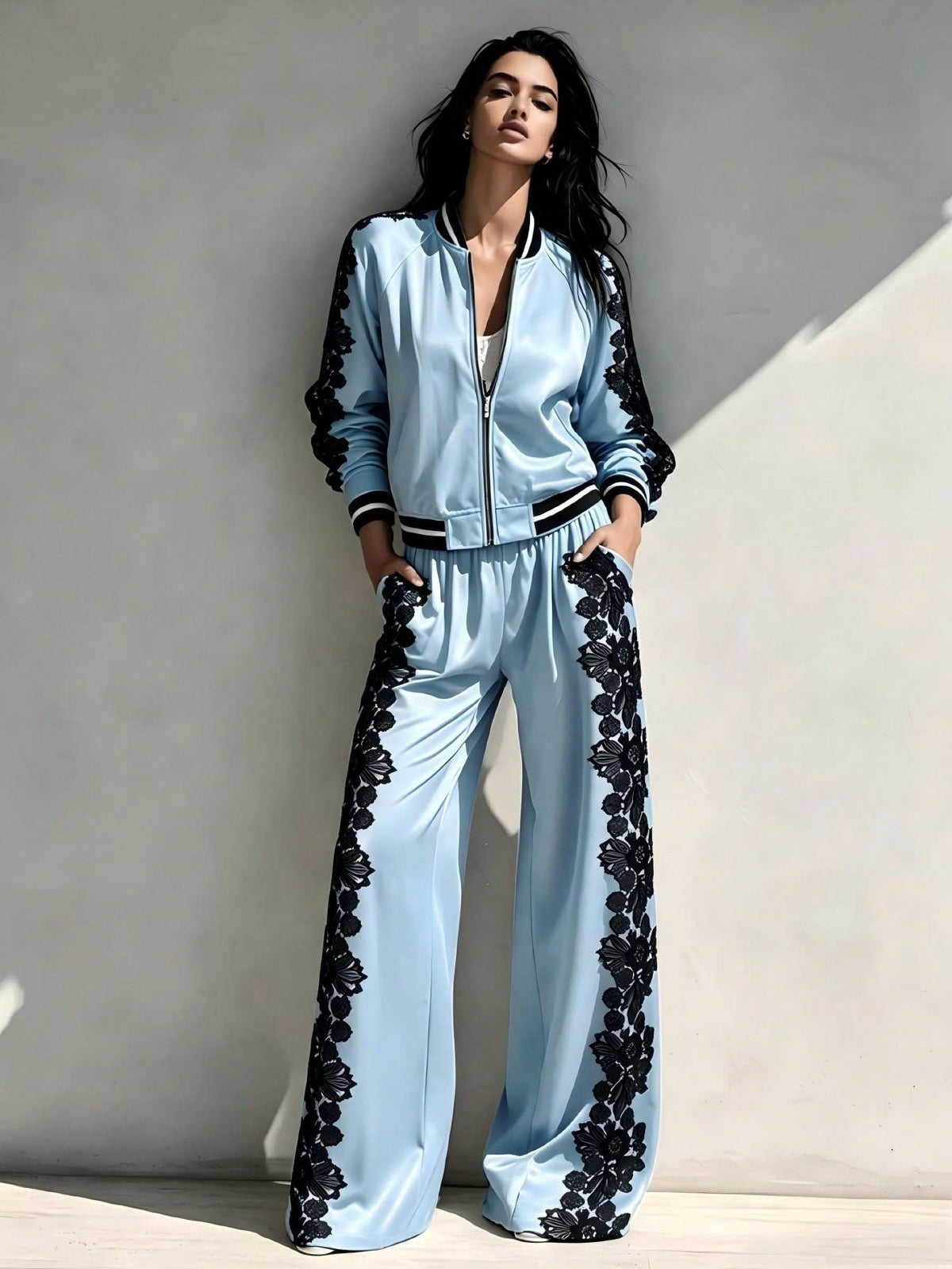 Bomber Jacket & Wide‑Leg Pants Two‑Piece Set with Black Lace Trim