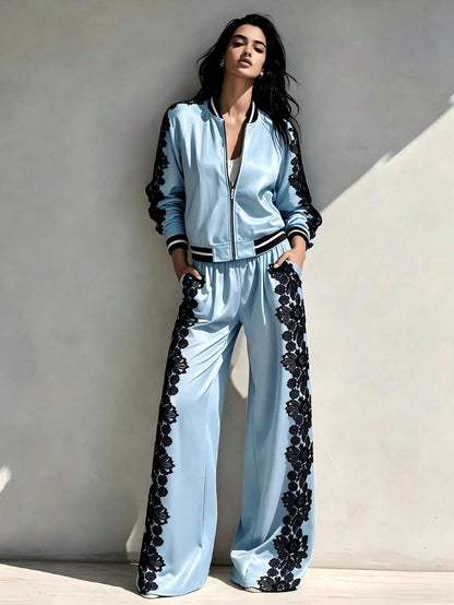 Bomber Jacket & Wide‑Leg Pants Two‑Piece Set with Black Lace Trim