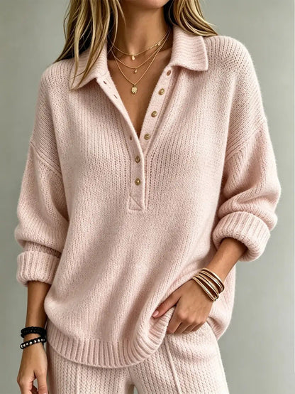 Loose Collared Henley Knit Sweater Women Solid Long Sleeve Casual Pullover Top