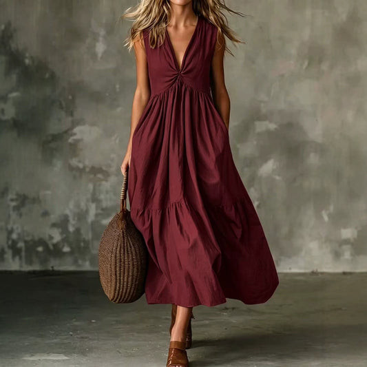 Twist Front V-Neck Sleeveless Pocket Textured Flowy Maxi Dress
