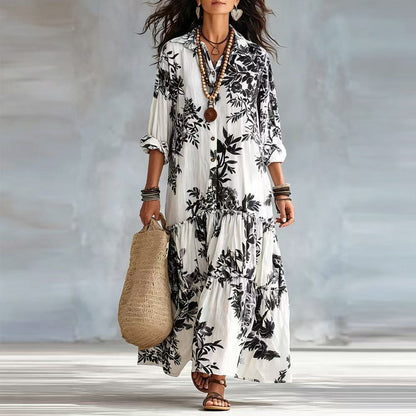 Botanical Floral Print Linen Tiered Shirt Maxi Dress