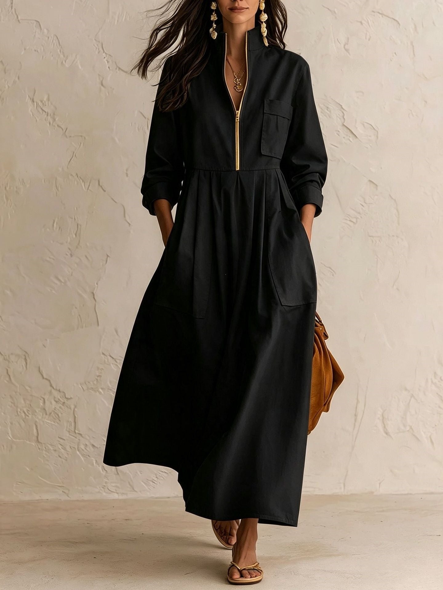 Half‑Zip Stand Collar Pocket Midi Maxi Dress
