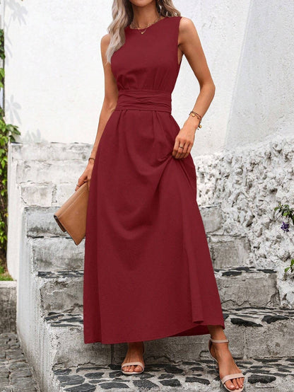 Sleeveless Wrap‑Tie Waist Maxi Dress