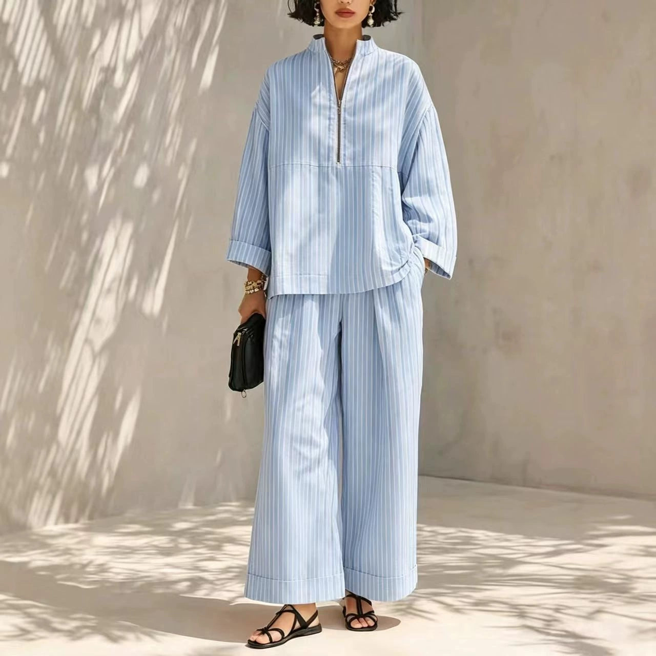 Women's Minimalist Half-Zip Long-Sleeve Top & Wide-Leg Pants Set