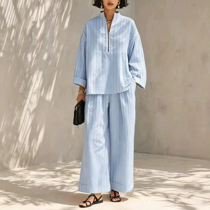 Women's Minimalist Half-Zip Long-Sleeve Top & Wide-Leg Pants Set