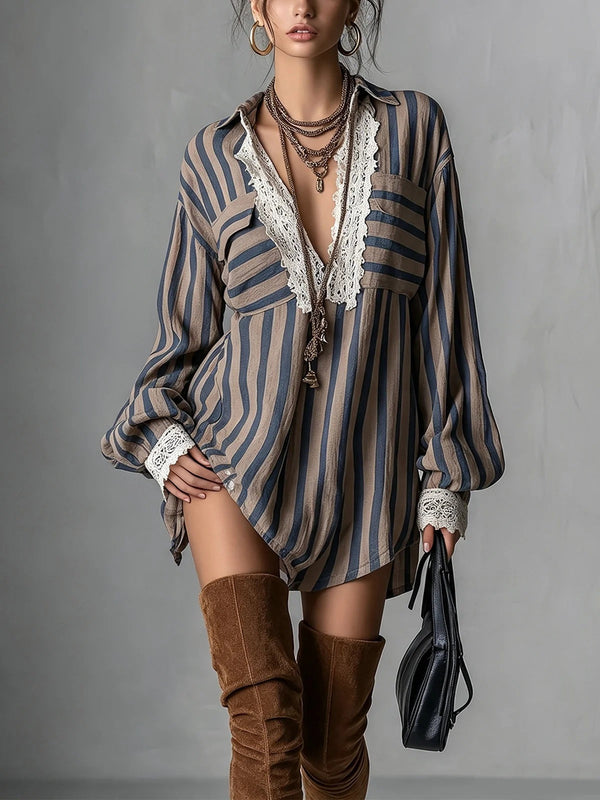 Women Boho Striped Lace Patchwork Tunic Shirt Loose Long Sleeve Casual Blouse Top
