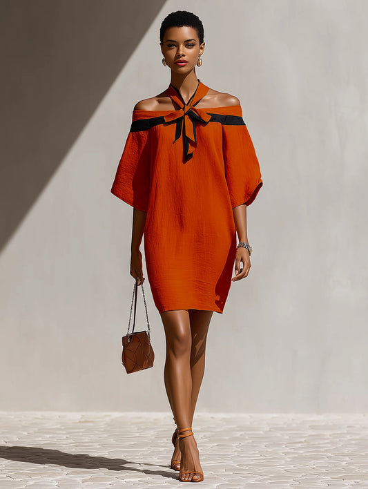 Contrast Halter Tie Off Shoulder Loose Mini Tunic Dress