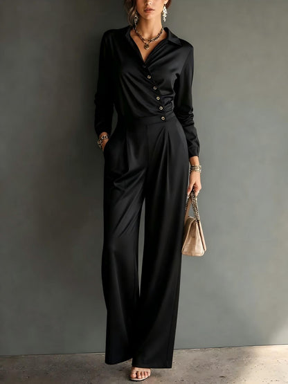 Asymmetric Wrap Shirt Wide Leg Pleated Jumpsuit