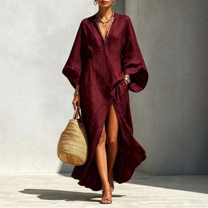 Batwing Sleeve Slit Linen Vacation Maxi Dress
