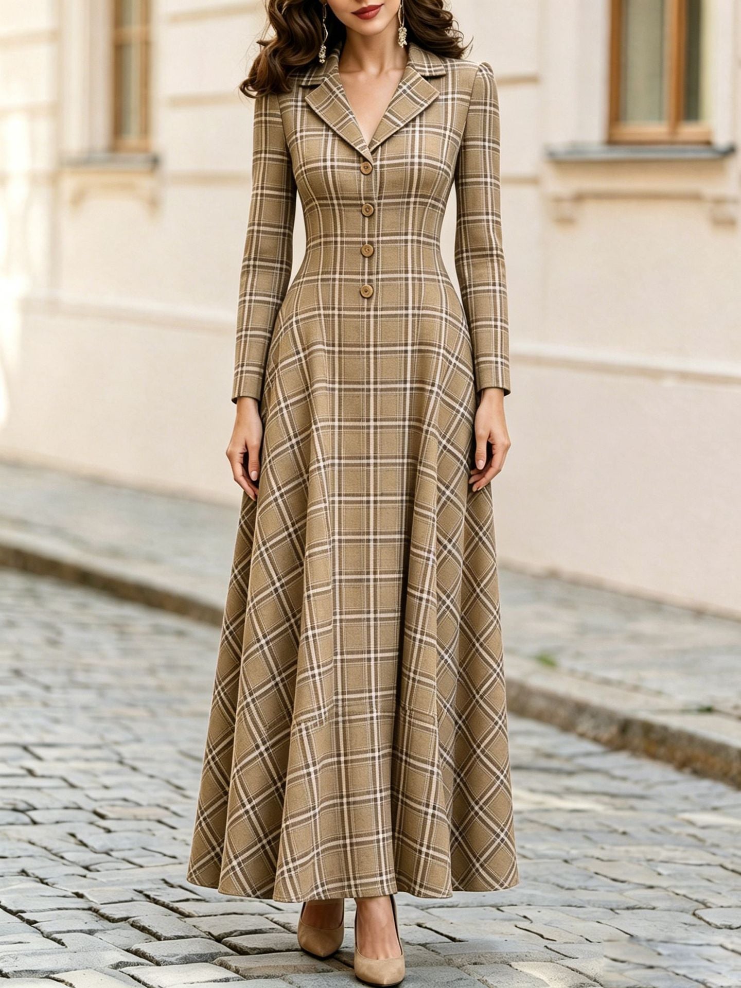Classic Plaid Long Sleeve Maxi Dress