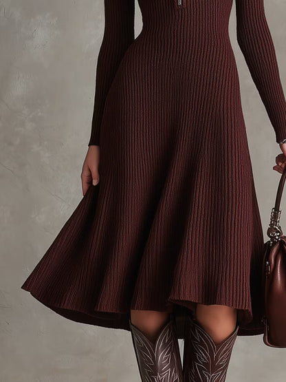 Half‑Zip Ribbed Knit Fit‑and‑Flare Midi Sweater Dress